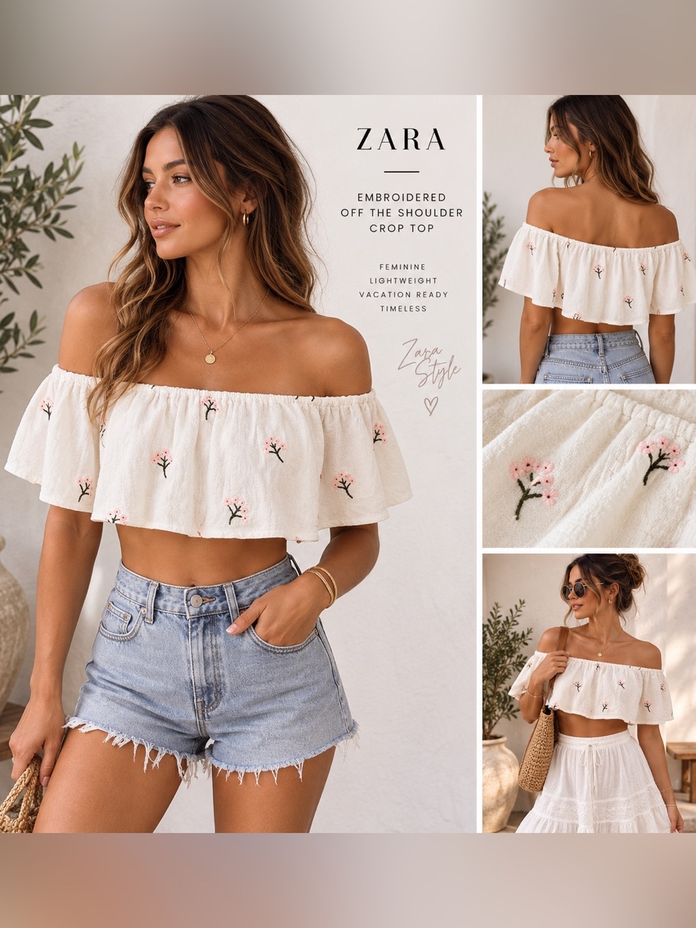 Zara Embroidered Off Shoulder Crop Top White Floral Vacation XS